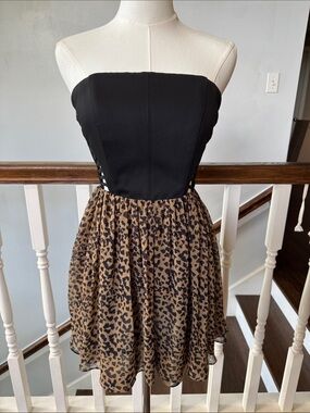 Rachel Roy Strapless Black and Leopard Print Party Dress